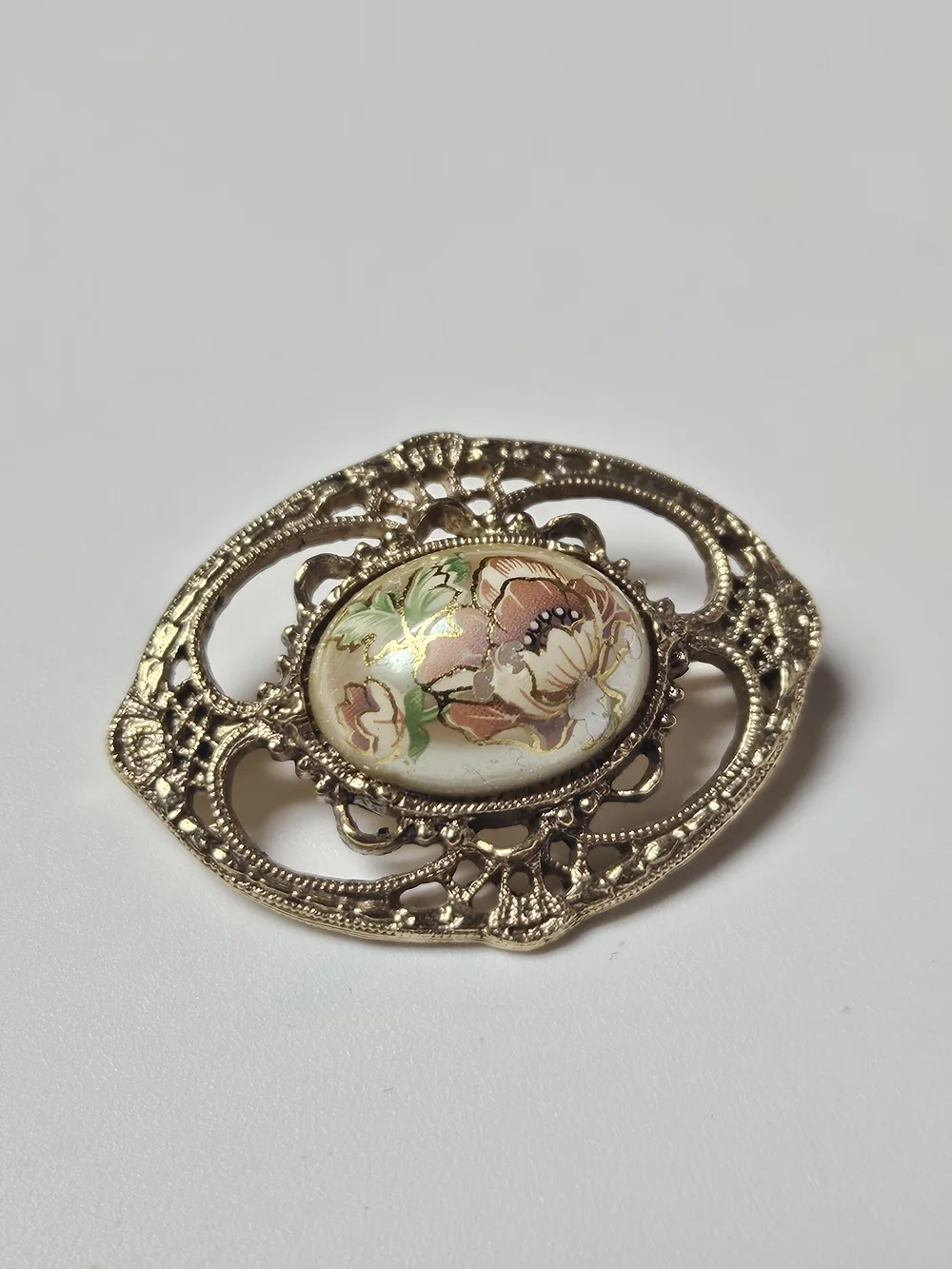 Gold-Tone Floral Porcelain Filigree Brooch - Cream, Pink and Green